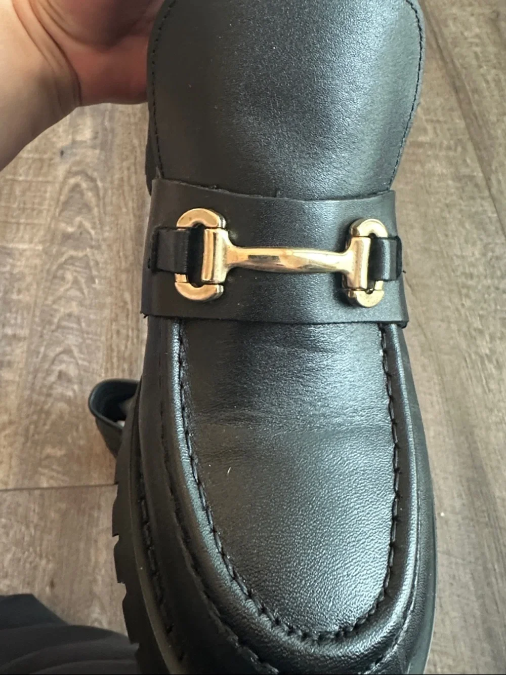 Steve Madden Black Leather Ankle Loafers with Gold Hardware